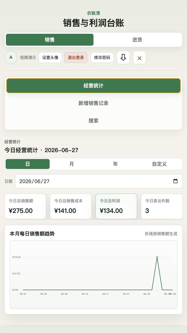 衣账清经营统计界面